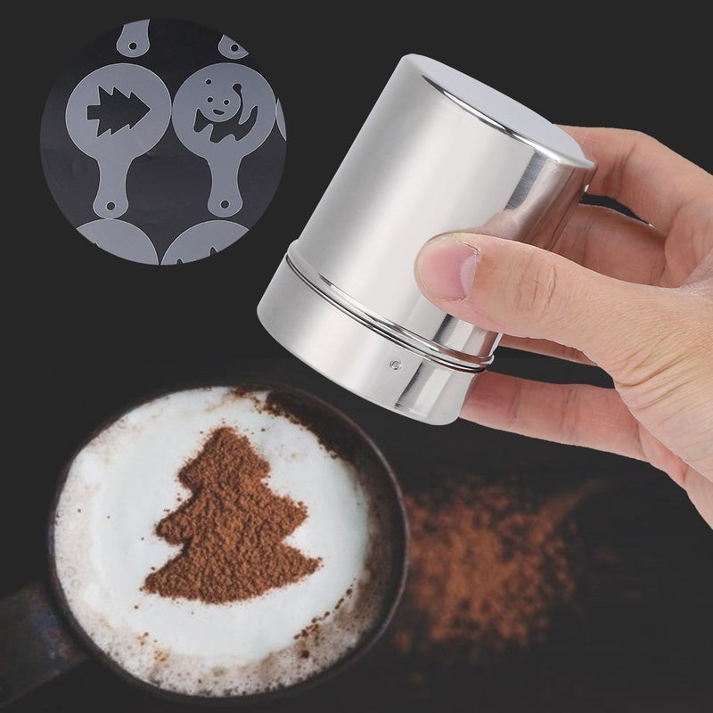 [Australia - AusPower] - Stainless Steel Chocolate Shaker Icing Sugar Powder Cocoa Flour Coffee Sifter Dredge Duster Seasoning Cooking Tools Fine Mesh with 16pcs Coffee Stencils Cappuccino Latte Art(Coffee Shaker) Coffee Shaker 