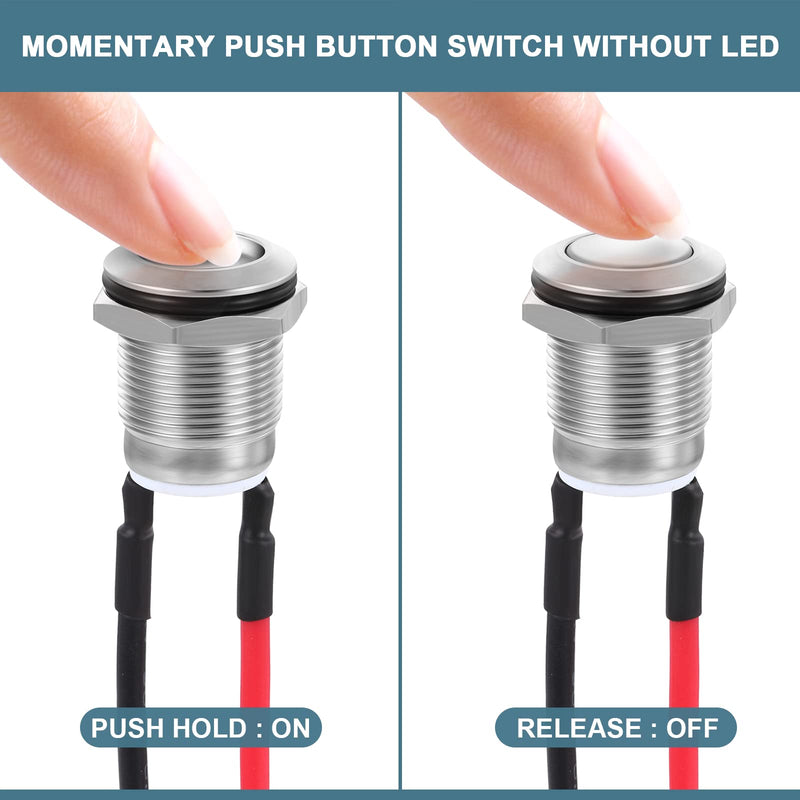 [Australia - AusPower] - 10 Pieces 12 mm Momentary Push Button Switch Silver Shell Waterproof Push Button Switch Round Momentary Switch with Pre Wiring, Stainless Steel 1 Normally Open Without Led 