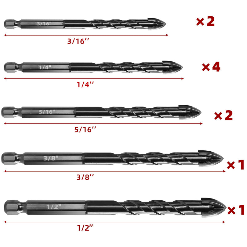 [Australia - AusPower] - ZKH 10 PCS Masonry Drill Bit Set, Cement Drill bits Made of Cemented Carbide,3/16 to 1/2 inch Masonry Drill bits for Concrete,Ceramics,Glass, Brick Drill bit,Masonry bit. 