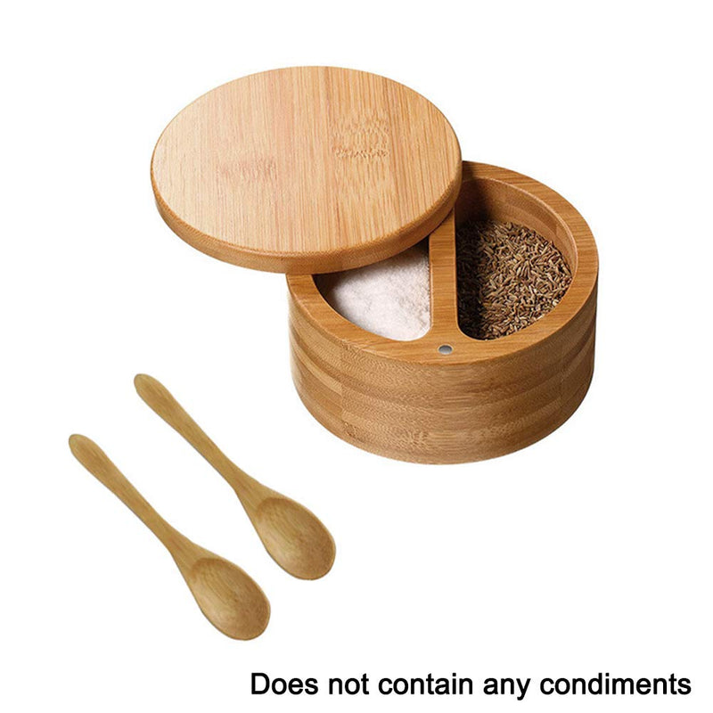 [Australia - AusPower] - Bamboo Seasonings Box,Kitchen Salt Pepper Spice Cellars Storage Container With Pepper Swivel Lid and 2 Spoons,Two Compartments Spice Storage Container for Home Kitchen as picture show 