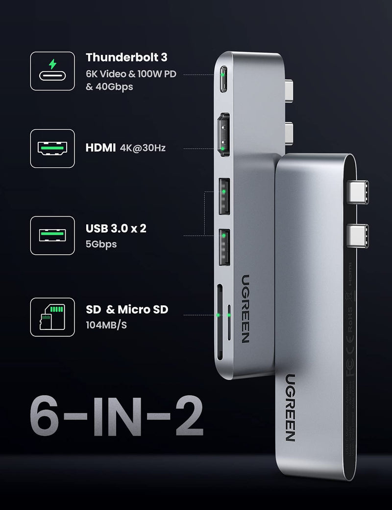 [Australia - AusPower] - UGREEN USB C Hub Adapter for MacBook Pro MacBook Air M1 2020 2019 2018 with 4K HDMI Thunderbolt 3 100W Power Delivery SD TF Card Reader and 2 USB 3.0 Ports, Silver 