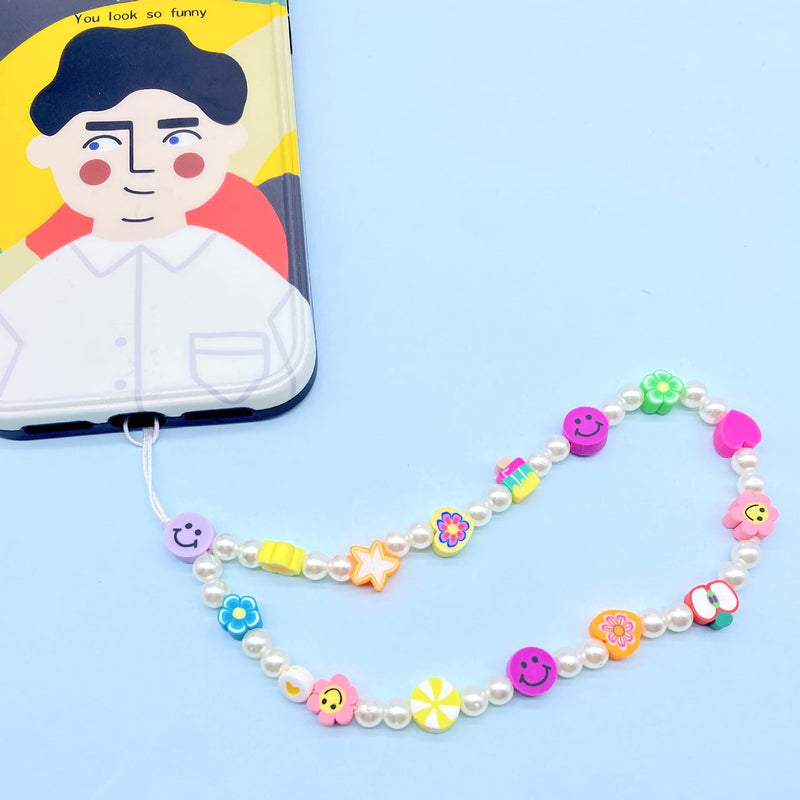 [Australia - AusPower] - Smiley Face Flower Phone Lanyard Cute Y2k Acrylic Bead Pearl Anti Lost Mobile Phone Chain for Women Girl(4pcs) Style 1 