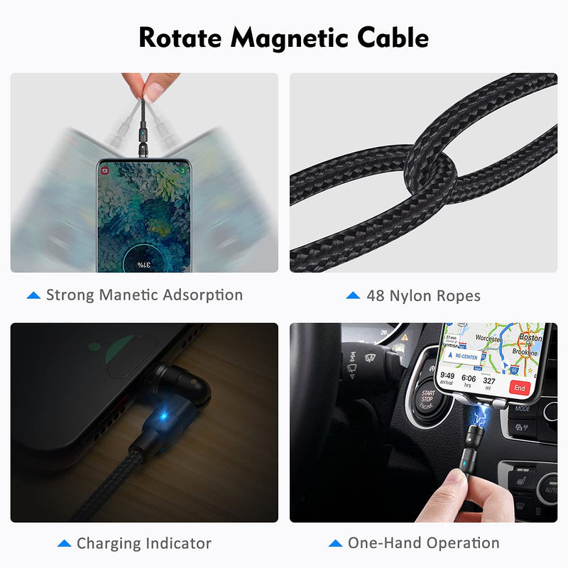 [Australia - AusPower] - 360° & 180° Rotation Magnetic Charging Cable(1.6ft+3.3ft+6.6ft), 3A Fast Charging and Data Transfer Magnetic Cable, 3 in 1 Magnetic Phone Charger Cable Compatible with Type C, Micro USB Black 