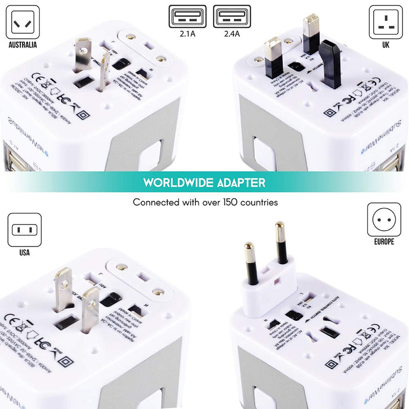 [Australia - AusPower] - Power Plug Adapter - 4 USB Ports Wall Charger - Fast Charging Adapter for 150 Countries - Multi Port Electric Plug - Type C Type A Type G Type I f for UK Japan China EU European by SublimeWare White 