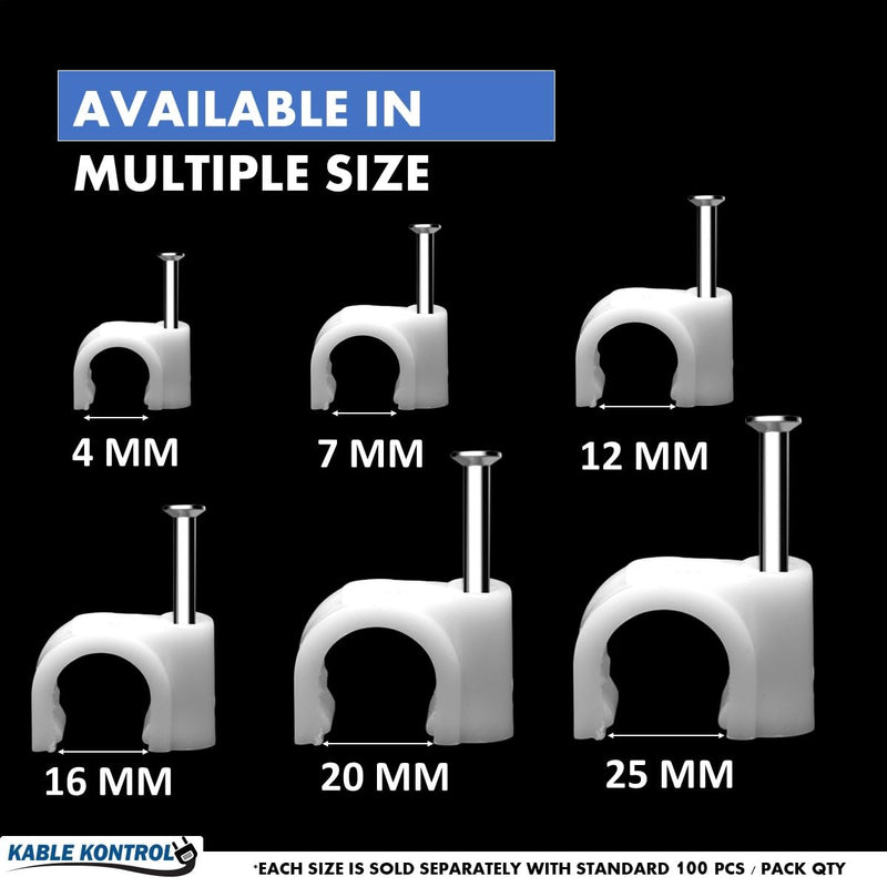 [Australia - AusPower] - Kable Kontrol Cable Clips with Steel Nails - 7mm - 100 Pcs/Pack â€“ White - UV Stabilized Circle Wire Clips Cable Holder for Cable Management, Wall, Ethernet, Tv, Construction, Indoor & Outdoor Use 7 mm 