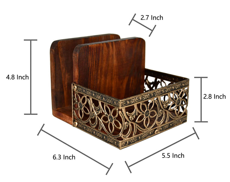 [Australia - AusPower] - Owlgift Two-in-one Rustic Brown Wood Condiment Tabletop Serving Caddy with Napkin Holder, Metal & Wooden Napkin Holder, Freestanding Salt & Pepper Napkin Holder, Malfunction Salt Pepper Storage Holder Brown & Bronze 