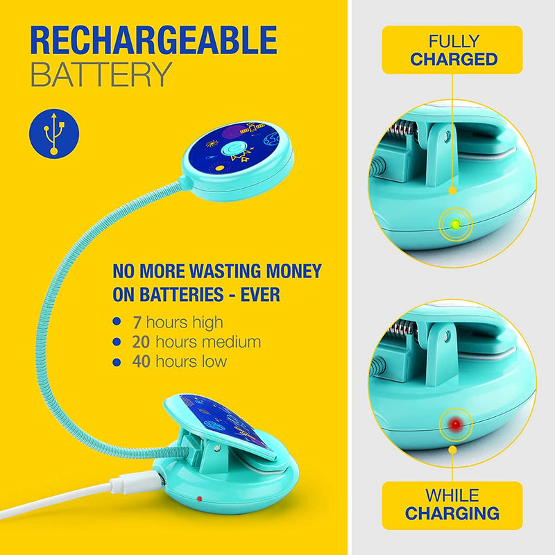 [Australia - AusPower] - Vekkia Cute Rechargeable 7 LED Eye-Care Book Light, Clip on Reading Lights for Reading in Bed, 3 Levels, 1.8oz Super Light Weight, Up to 40 Hours Reading. Great Gift for Kids & Readers (Blue) Blue 