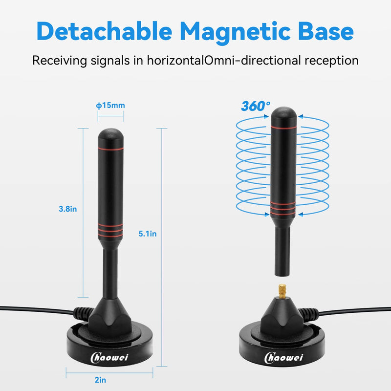 [Australia - AusPower] - Chaowei Digital TV Antenna-DVB66 Portable Indoor Outdoor TV Antenna with Magnetic Base,16.5ft Long Cable,Omnidirectional Receiving-Support 4K 1080P TV 2inch Magnetic Base 