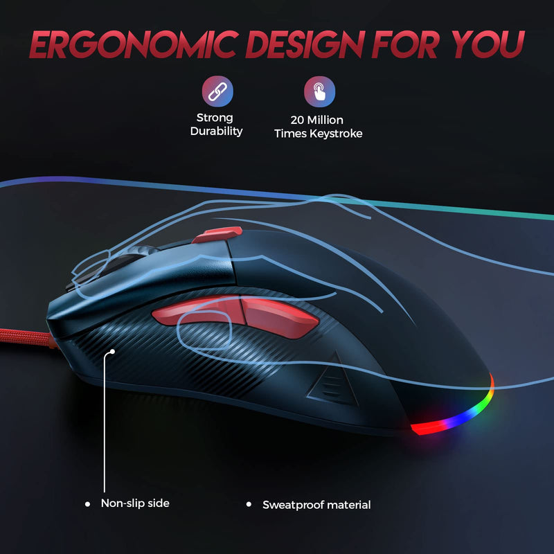 [Australia - AusPower] - EKSA Gaming Mouse, 16000 DPI Optical Sensor, 8 Programmable Buttons, RGB Wired Gaming Mouse, FPS / MOBA Lightweight Mouse Gaming for Windows PC/Mac Computer (Black) Black 
