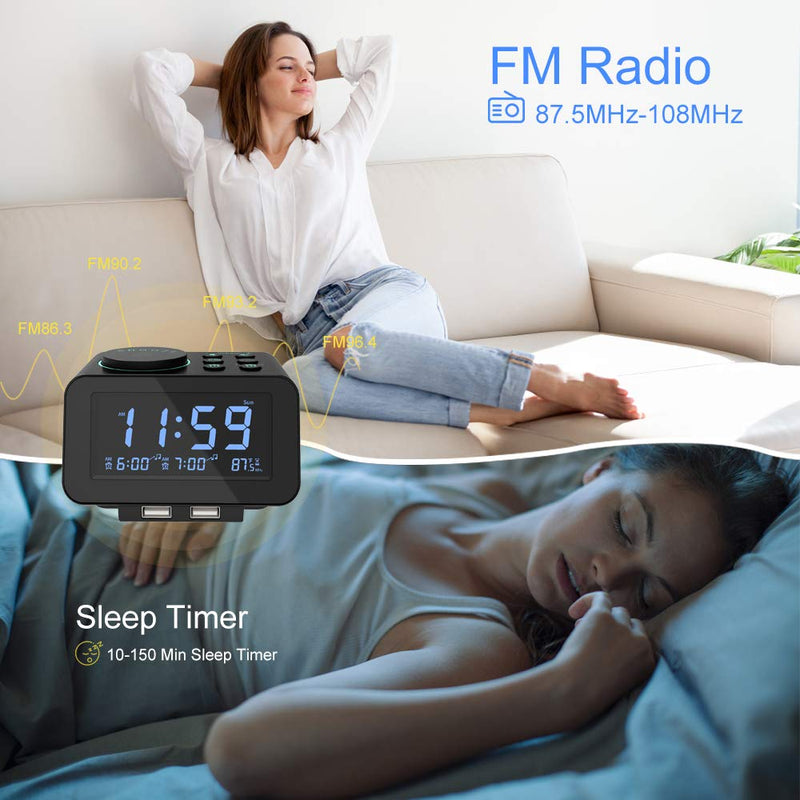 [Australia - AusPower] - USCCE Digital Alarm Clock Radio - 0-100% Dimmer, Dual Alarm with Weekday/Weekend Mode, 6 Sounds Adjustable Volume, FM Radio w/ Sleep Timer, Snooze, 2 USB Charging Ports, Thermometer, Battery Backup Black 