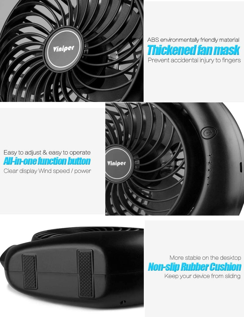 [Australia - AusPower] - viniper Portable Rechargeable Fan, Small Desk Fan : 3 Speeds & 8-24 Hours Longer Working, 180° Rotation, Portable USB Battery Fan for Office/Home (Black-Blue) 6.2 inch Black blue 