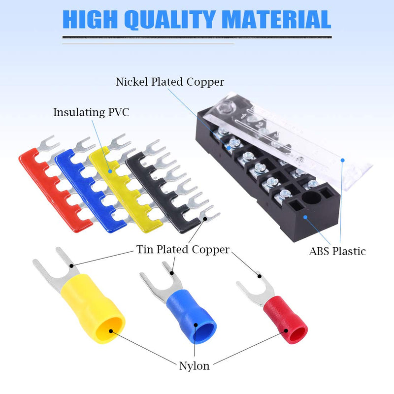 [Australia - AusPower] - Glarks 70Pcs(5Sets) Terminal Block Set, 5Pcs 6 Positions 600V 15A Dual Row Screw Terminals Strip + 5Pcs Pre-Insulated Barrier Strips + 60Pcs Insulated Fork Wire Connector (6P+Fork Connector) 6P+Fork Connector 