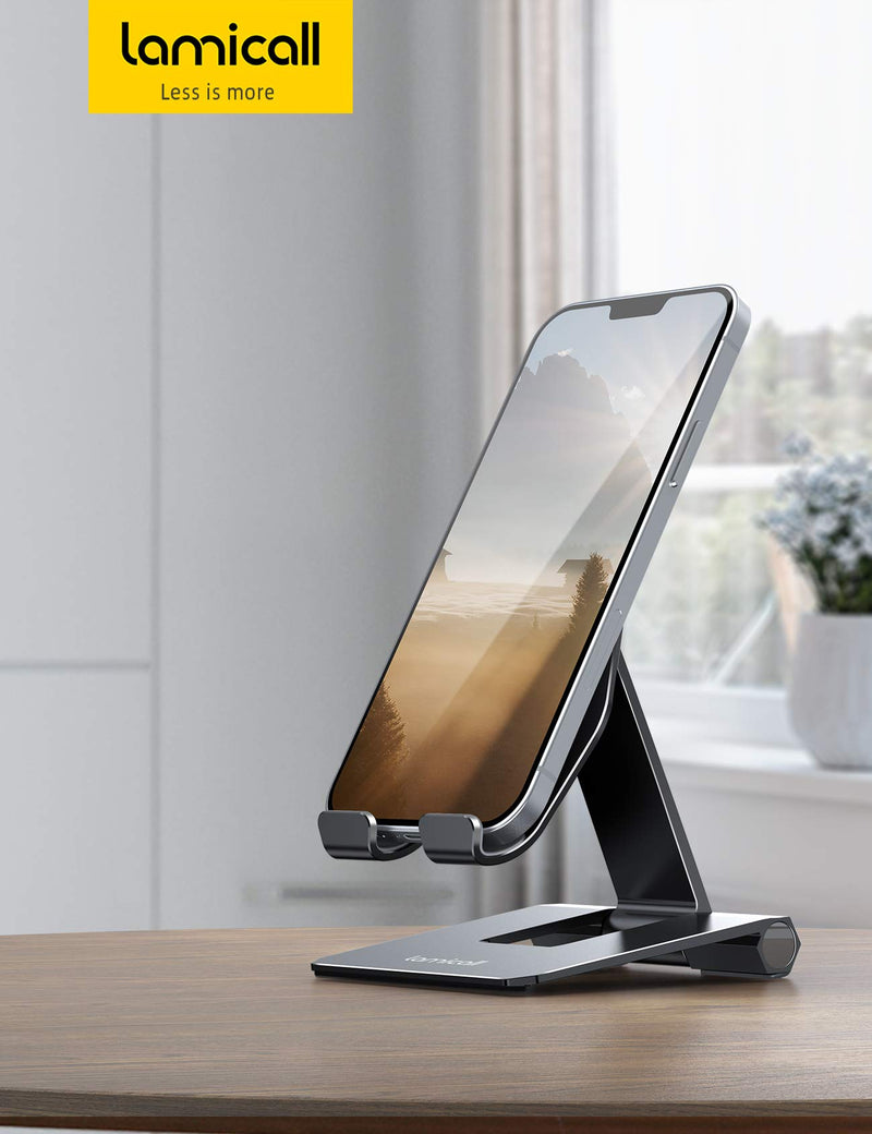 [Australia - AusPower] - Lamicall Adjustable Cell Phone Stand for Desk - Foldable Aluminum Desktop Phone Holder Cradle Dock, Compatible with Phone 13 12 Mini 11 Pro Xs Xs Max Xr X 8 7 6 6s Plus Smartphones, Tablets (4-11'') Black 