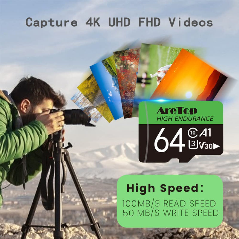 [Australia - AusPower] - AreTop 64GB Micro SD Cards 3 Pack with Adapters, U3 V30 Micro SDXC Class 10 4K UHD Full HD Flash Memory Cards (100MB/s, UHS-I U3 V30 A1, 64GB 3 Pack) 64GB U3 3-Pack 