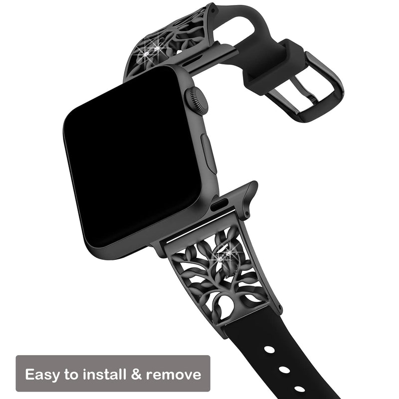 [Australia - AusPower] - Love Lies Within Stylish Silicone Band Compatible with Apple Watch Bands 38mm 40mm 41mm 42mm 44mm 45mm for Women Comfortable Bling Diamond iWatch Bands for Series 7 6 5 4 3 2 1 SE, 5.5”-8.1” Tree of Life-Black with Black Strap 38mm/40mm/41mm 
