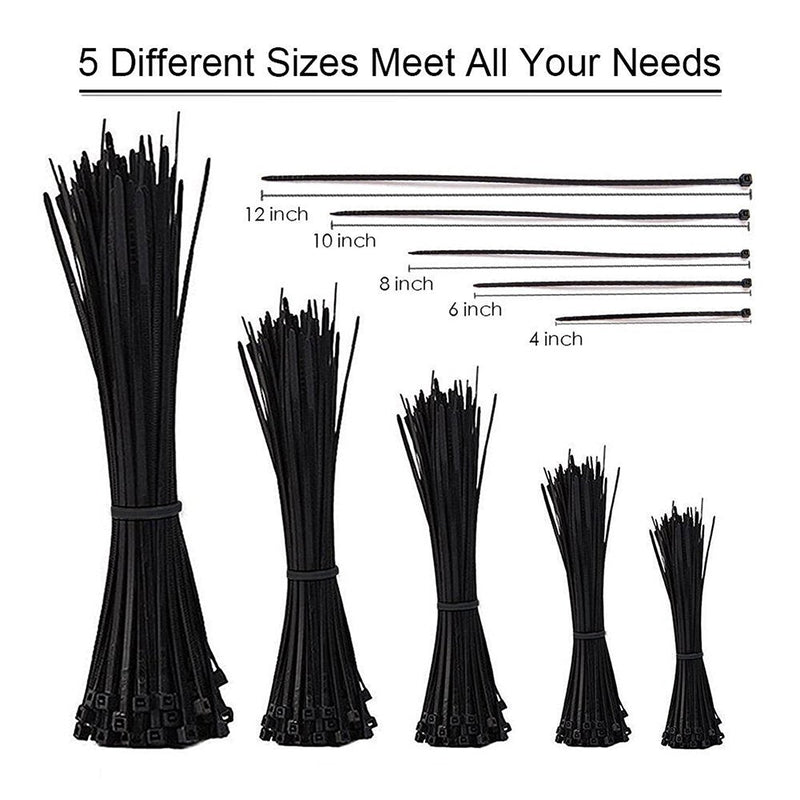 [Australia - AusPower] - NewMainOne Cable Zip Ties,500 Packs Self-Locking 4+6+8+10+12-Inch Width 0.16inch Nylon Cable Ties,Perfect for Home,Office,Garage and Workshop (Black) Black 