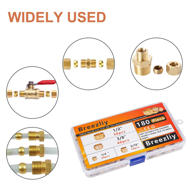 [Australia - AusPower] - Breezliy 180PCS Tube OD（1/4" 5/16" 3/8" 1/2") Brass Compression Sleeves Ferrules ,4 Sizes Brass Compression Fitting Assortment Kit 180PCS 4 Sizes Brass Compression Sleeves 