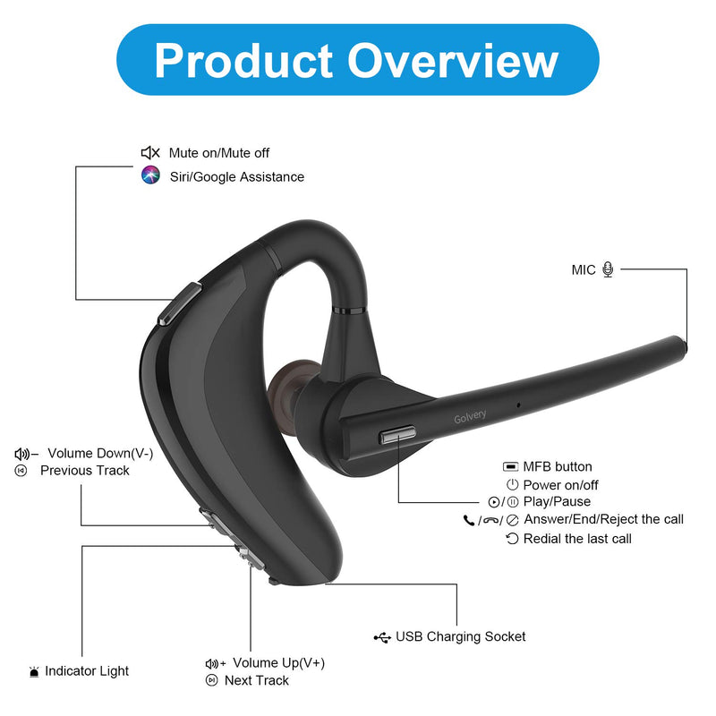 [Australia - AusPower] - Golvery Bluetooth Earpiece V5.0 Wireless Headset with Boom Microphone for Cell Phone, CVC6.0 Noise Cancelling, Handsfree Stereo Earphones for Office Car Trip, Volume/Mute Control, 10 Hours Talk Time 