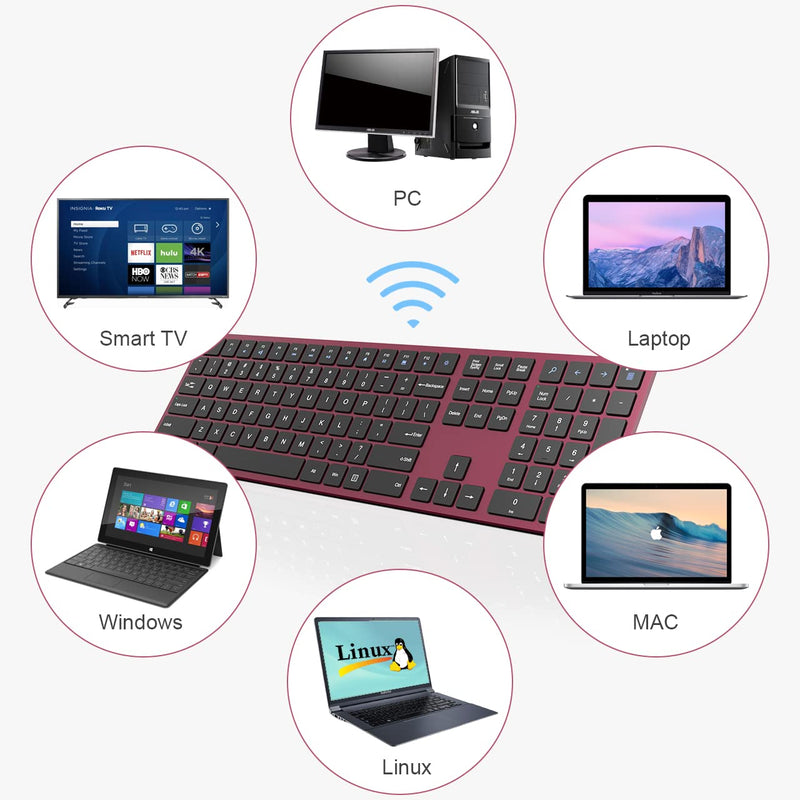 [Australia - AusPower] - Wireless Keyboard, 2.4G Computer Keyboard Wireless Full Size with Number Pad and Shortcut Keys Silent Quiet External USB Cordless Keyboard for Laptop, Windows 10/8/7, PC, Chromebook - Wine Red Wine Red Wireless Keyboard 