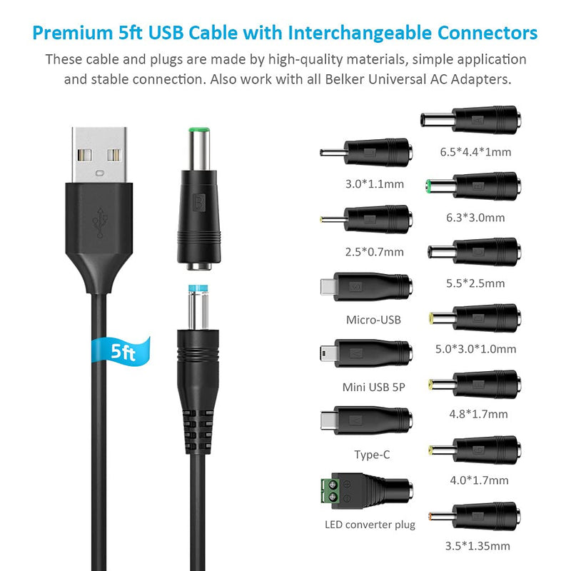 [Australia - AusPower] - Belker Universal 5V DC 5.5 2.1mm Jack Charging Cable Power Cord, USB to DC Power Cable with 14 Interchangeable Plugs Connectors Adapters Compatible with Fan Speaker Router Mini and More 5V Devices 