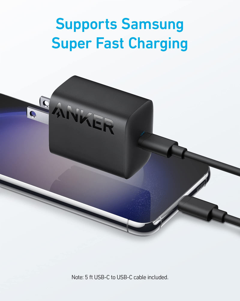 [Australia - AusPower] - 30W USB-C Charger, Anker 312 Charger with Compact and Foldable Design, High-Speed Fast Charging for iPhone 14/13/12 Series, Samsung S23, MacBook Air, iPad Pro, and More (5 ft USB C Cable Included) Black 