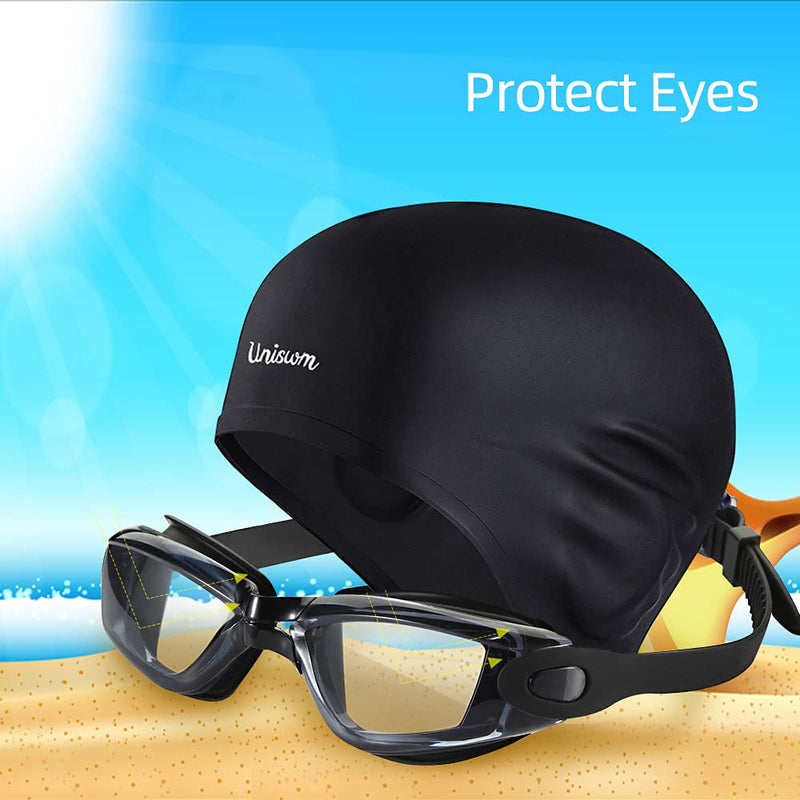 [Australia - AusPower] - Uniswim Swimming Goggles Swimming Cap Set Swim Glasses Silicone Swim hat Pack for Adults with Anti Fog Glasses for Swimming Black 