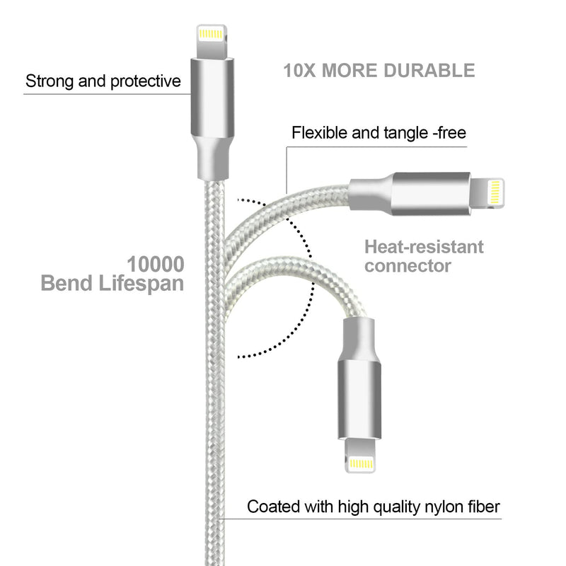 [Australia - AusPower] - CUGUNU iPhone Charger, 5 Pack 3/3/6/6/10FT Apple MFi Certified USB Lightning Cable Nylon Braided Fast Charging Cord Compatible for iPhone 13/12/11/X/Max/8/7/6/6S/5/5S/SE/Plus/iPad - Silver USB to L 