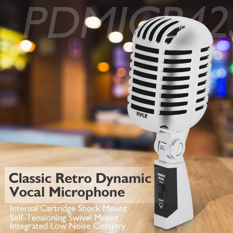 [Australia - AusPower] - Classic Retro Dynamic Vocal Microphone - Old Vintage Style Unidirectional Cardioid Mic with XLR Cable - Universal Stand Compatible - Live Performance In Studio Recording - Pyle PDMICR42SL (Silver) Silver 