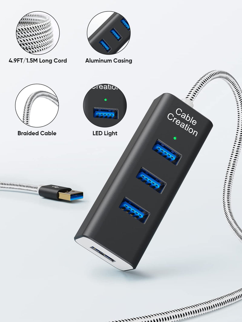 [Australia - AusPower] - CableCreation 4-Port USB 3.0 Hub with 4.9 Feet Extension Long Cable, 5Gbps Data Rate for MacBook Pro, iMac, PC, Laptop, USB Flash Drives, Surface Pro, XPS, Aluminum Black, 1.5M 4-Port USB +4.9ft 