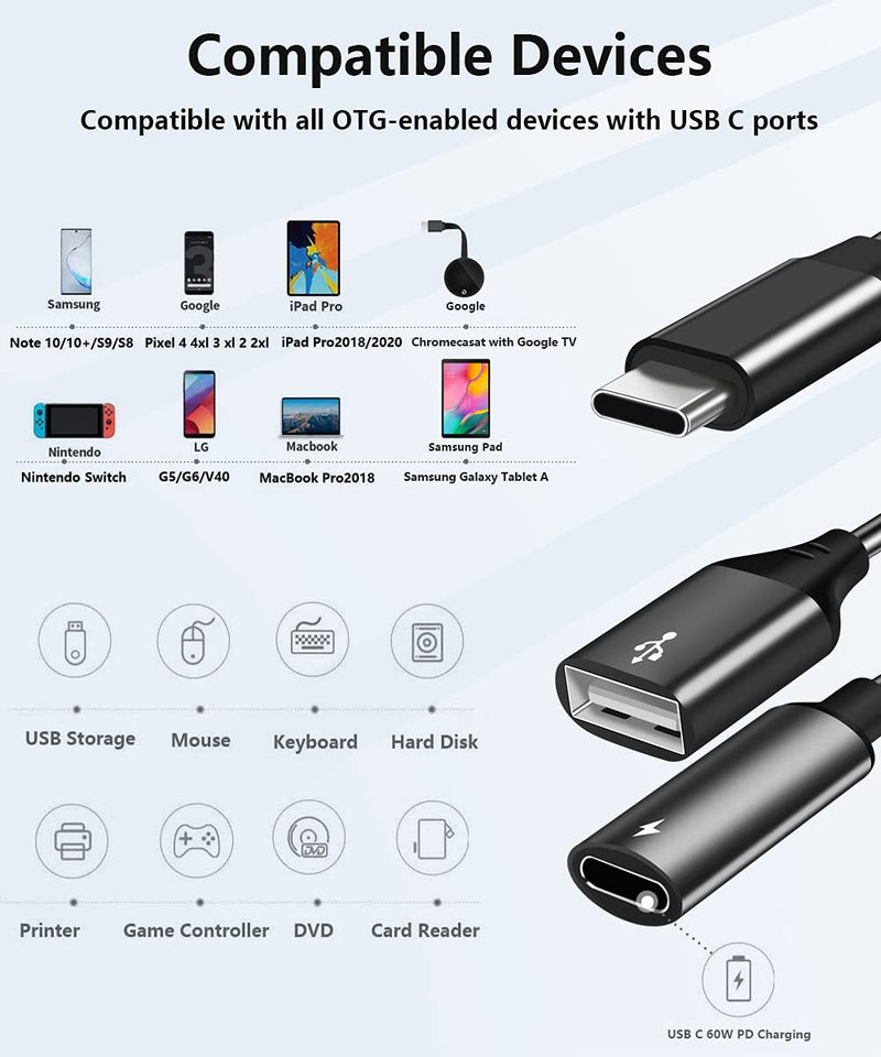 [Australia - AusPower] - USB C to USB Adapter with Type C Charging, 2 in 1 Type C 3.0 OTG Splitter with 60W PD Fast Charge Compatible for Galaxy S22 S21 S20 S20+ Note 20/10,Switch,LG V40 V30 G8, Pixel4 XL,Google TV 2020 