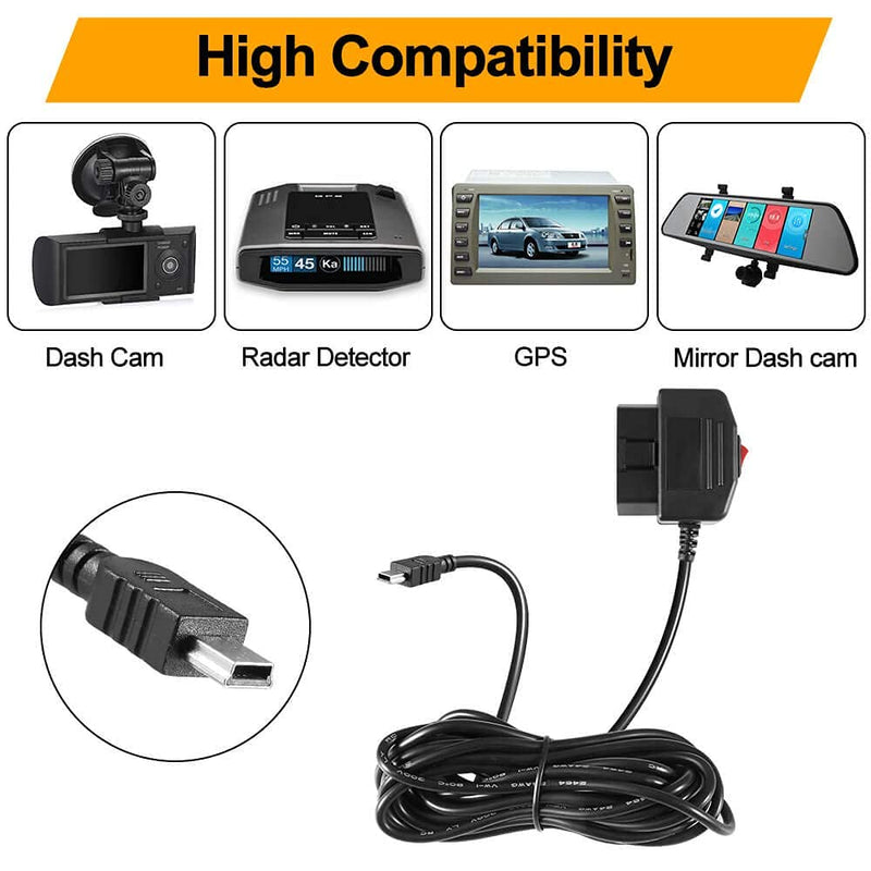 [Australia - AusPower] - OBD2 OBD Power Cable for Dash Camera, Ssontong OBD to Mini USB OBDII Adapter Hardwire Charger Cable 24 Hours Surveillance and Acc Two Mode with Switch Button(Mini USB Port) 11.5ft OBD2-Mini USB 