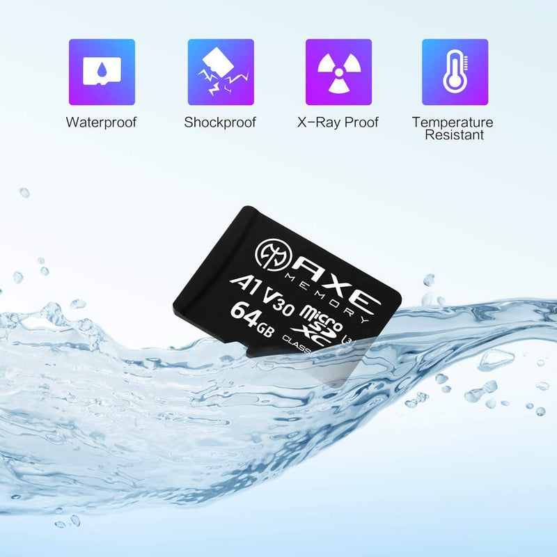 [Australia - AusPower] - AXE MEMORY 64GB microSDXC Memory Card + SD Adapter with A1 App Performance, V30 UHS-I U3 4K Black - A1 High Speed 64 GB 