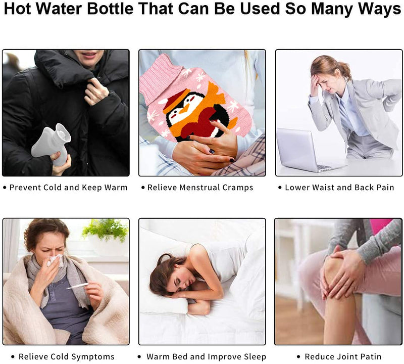 [Australia - AusPower] - OliviaLiving Hot Water Bag Hot Water Bottle 2 Liter with Knit Cover - Great for Cramps, Pain Relief & Cozy Nights - Water Heating Pad - Feet & Bed Warmer for Adults, Cartoon Penguin Pink 