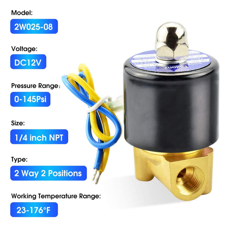 [Australia - AusPower] - TAILONZ PNEUMATIC 1/4 Inch NPT 12V/24V/110V/220V Brass Electric Solenoid Valve 2W025-08 Normally Closed Water, Air, Diesel DC12V 1/4" 