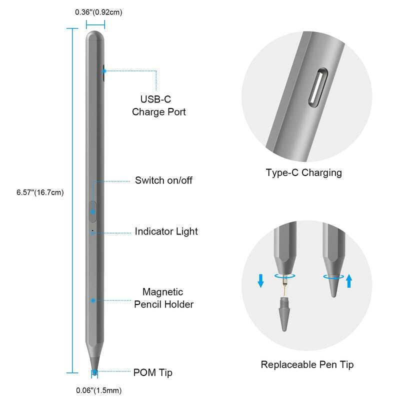 [Australia - AusPower] - Stylus Pencil for iPad 9th Generation, Palm Rejection & Tilt Detection Pen for (2018 and Later) iPad Pro 11 inch/12.9 inch, iPad 8th/7th/6th Gen, iPad Air 4th & 3rd Gen, iPad Mini 5th Gen (Gray) Gray 