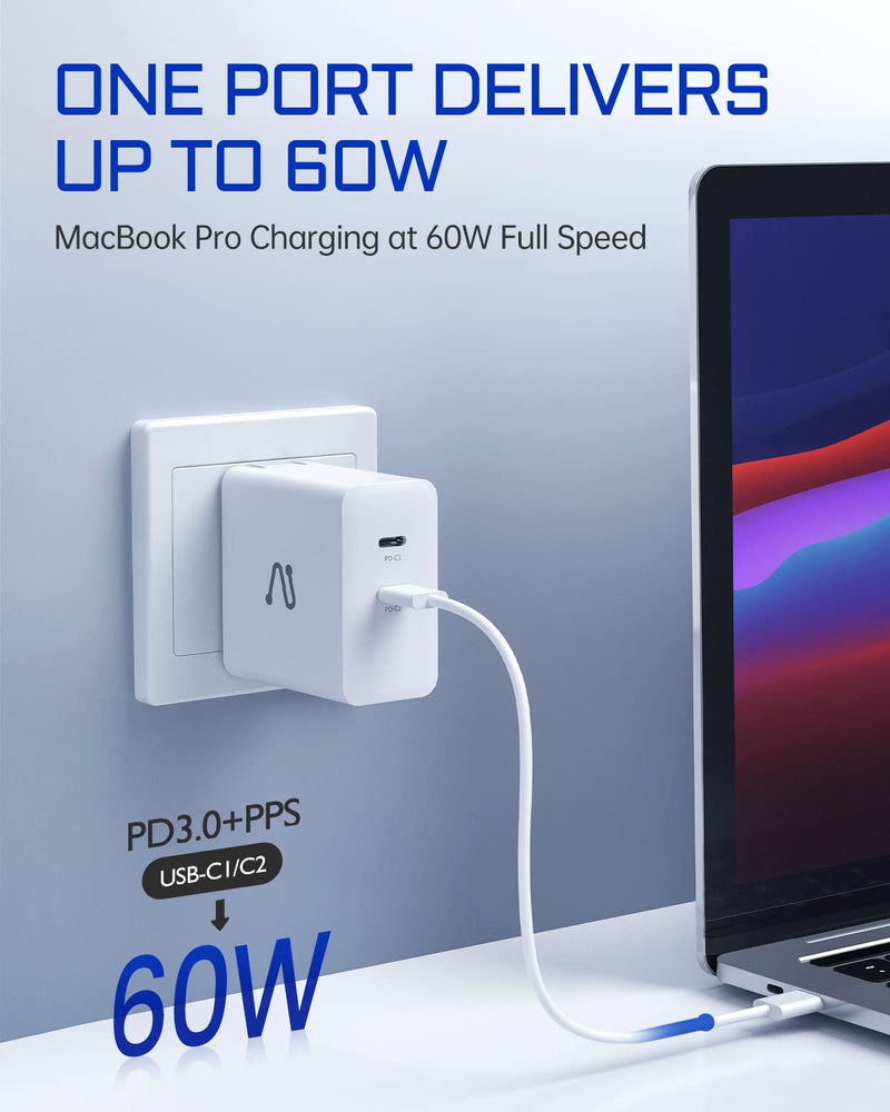 [Australia - AusPower] - USB C Wall Charger, Aergiatech 60W PD 3.0 PPS GaN Charger, USB C Fast Charger Block Dual Port with Foldable Plug for MacBook Air, iPad Air/Pro, iPhone 13 Pro Max, Galaxy S22+/S22 Ultra, Pixel, White 