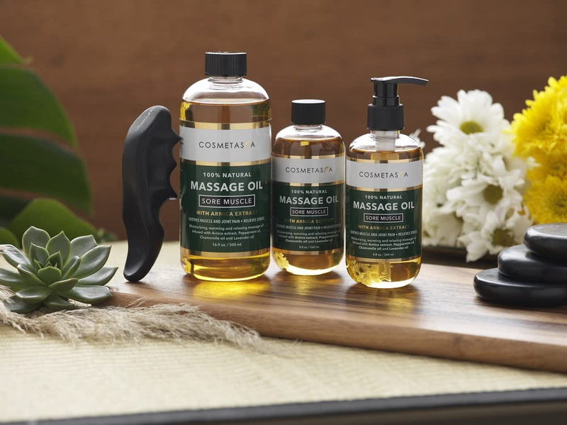 [Australia - AusPower] - Cosmetasa Sore Muscle Massage Oil with Deep Tissue Massager - Thumb Saver and Oil Soothes Muscle and Joint Pain with Arnica Extract, Peppermint, Chamomile, and Lavender Oil 8.8 Fl Oz 