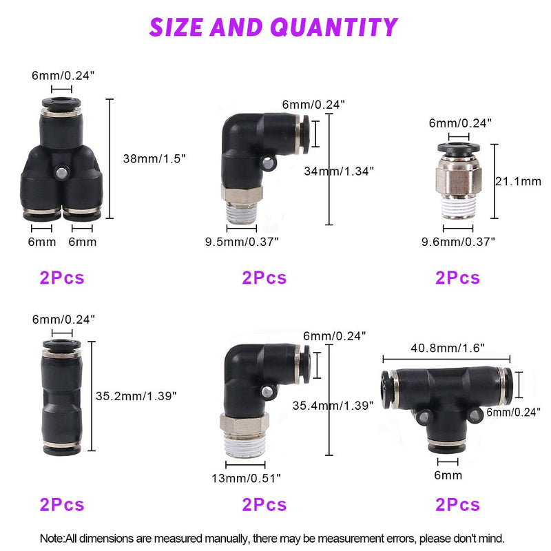 [Australia - AusPower] - Swpeet 12Pcs 6 Style 6mm Push to Connect Tube Fitting Assortment Kit, Including PL-1/4-N1, PL-1/4-N2, PC-1/4-N1, 1/4 inch od, 1/4 inch Od Y Spliter, PUC-1/4 Push to Connect Tube Fitting 