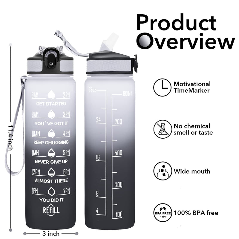 [Australia - AusPower] - HYETA 32 oz Water Bottles with Times to Drink and Straw, Motivational Water Bottle with Time Marker, Leakproof & BPA Free, Drinking Sports Water Bottle for Fitness, Gym & Outdoor, Gray-Black 