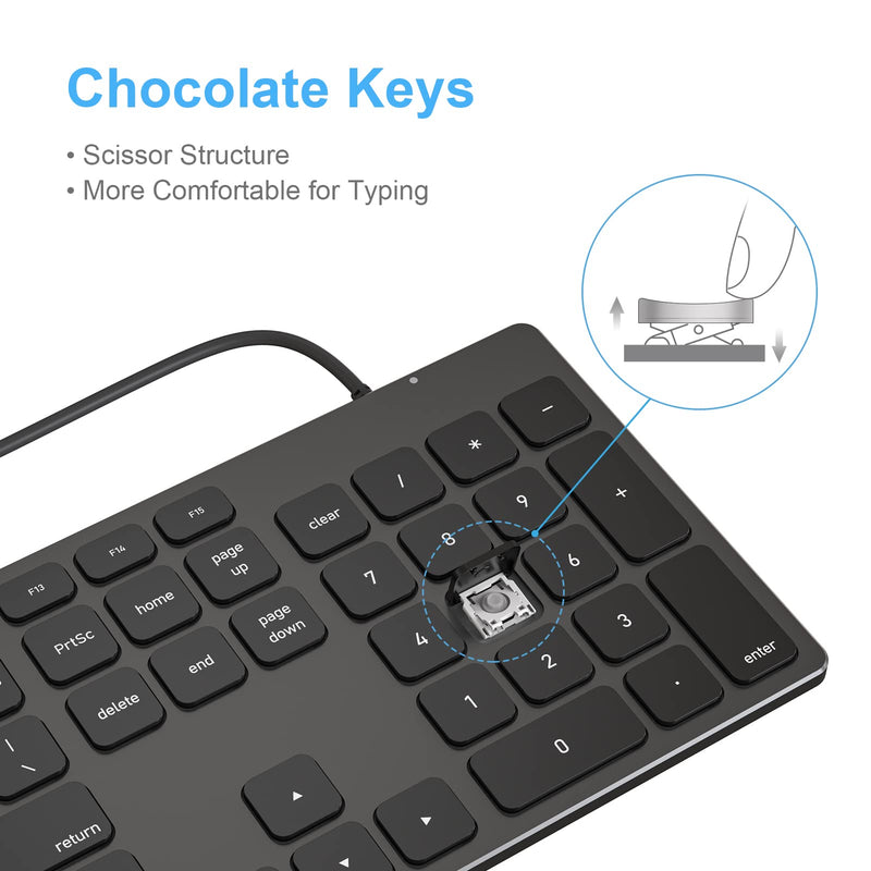 [Australia - AusPower] - Aluminum USB Wired Keyboard with Numeric Keypad for Mac Pro, Mini Mac, iMac, iMac Pro, MacBook Pro/Air, Laptop and PC Computer Black 