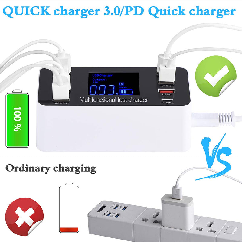 [Australia - AusPower] - Multi-Port USB Charger, 8-Port 60W Desktop Charging Station Hub with Quick Charge 3.0 USB Port, PD Fast Charger and LCD Display, Compatible with iOS & Android Devices for iPhone, iPad, 