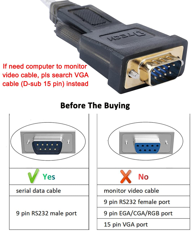 [Australia - AusPower] - DTECH Serial Cable to USB Adapter DB9 Male RS232 Port Supports Windows 11 10 8 7 Mac (6 Feet, PL2303) 