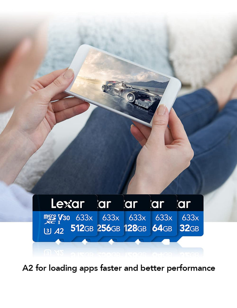 [Australia - AusPower] - Lexar High-Performance 633x 512GB microSDXC UHS-I Card w/ SD Adapter, Up To 100MB/s Read, for Smartphones, Tablets, and Action Cameras (LSDMI512BBNL633A) Single 