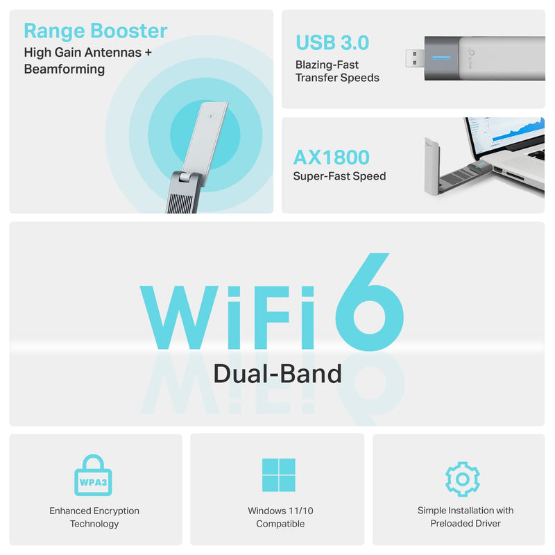 [Australia - AusPower] - TP-Link AX1800 WiFi 6 USB Adapter for Desktop PC (Archer TX21UH) Wireless Network Adapter with 2.4GHz, 5GHz, MU-MIMO, OFDMA, High Gain Dual Band 5dBi Antenna, WPA3, Supports Windows 11/10 AX1800 WiFi 6, Dual Band 