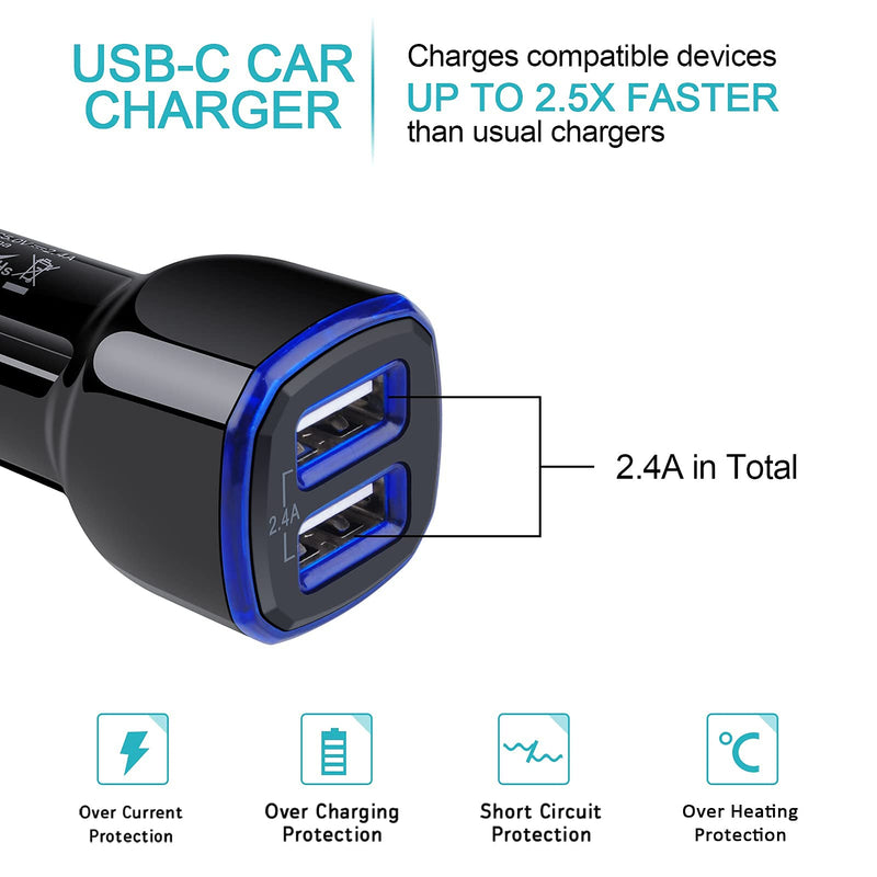 [Australia - AusPower] - Type C Car Charger, 2.4A Dual Port Fast Car Adapter Plug Cigarette Lighter USB Charger for iPhone 11 12 11Pro Max 12Mini XR XS 8, Samsung Galaxy S21 S20 S10 S9 S8 Note 21 A21/51/71/42, Google Moto LG 