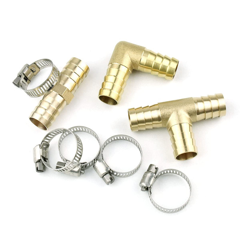 [Australia - AusPower] - 9 Pcs 5/8 Inch Brass Garden Hose Repairing Kit, Tee Elbow Brass Barb Fittings with 20 Pieces Stainless Steel Clamp 