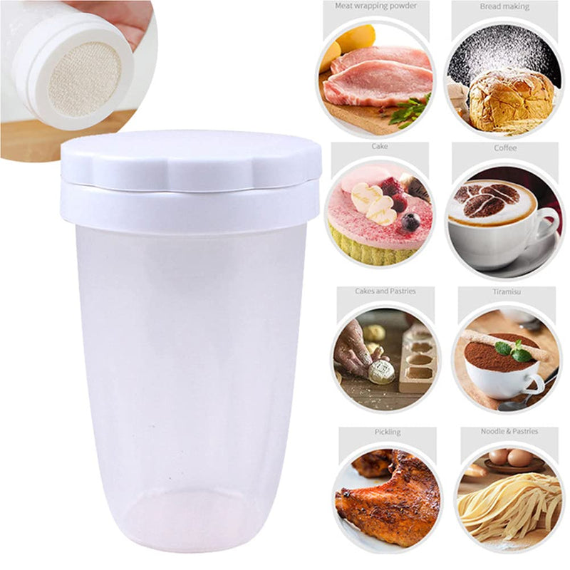 [Australia - AusPower] - 1PC White Plastic Flour Powder Sugar Shaker with Lid Mesh Shaker Icing Sugar Powder Cocoa Flour Chocolate Coffee Sifter Cooking Tool Accessories 
