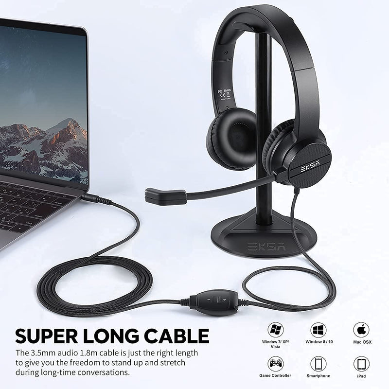 [Australia - AusPower] - EKSA Headset with Microphone for Laptop, 3.5mm Wired Telephone Headset with Volume & Mic Mute Controls, Lightweight All-Day Comfort Computer Headphones for PC Office Call Center Skype 3.5mm with Crystal Sound 