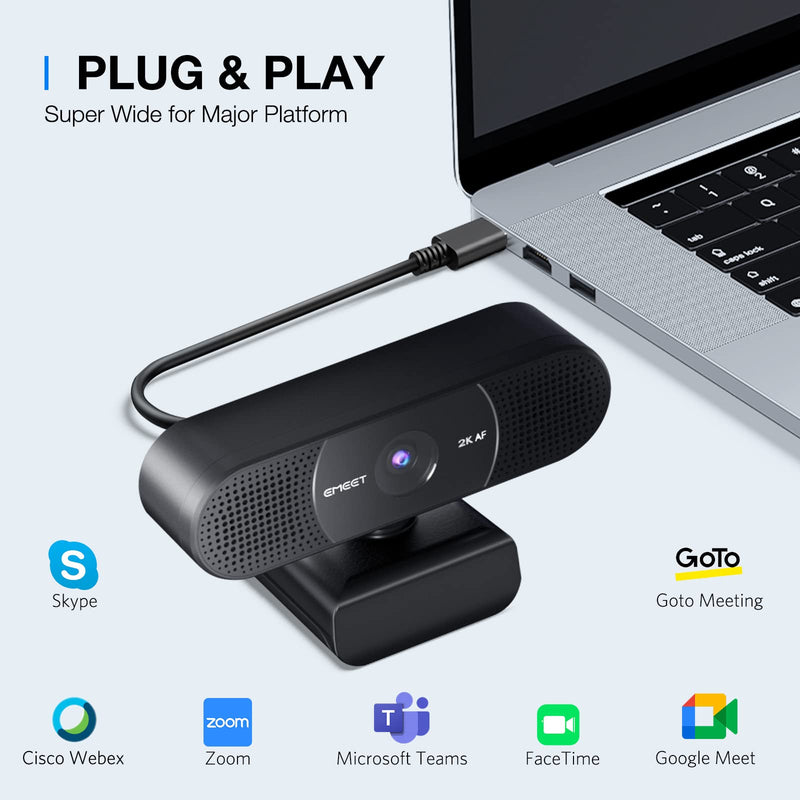 [Australia - AusPower] - EMEET C960 2K Webcam with Microphone, 2K QHD, 2 Noise-Reduction Mics, TOF Autofocus Streaming Webcam with Privacy Cover, Plug&Play USB Webcam for Calls/Conference, Zoom/Skype/YouTube, Laptop/Desktop Black 