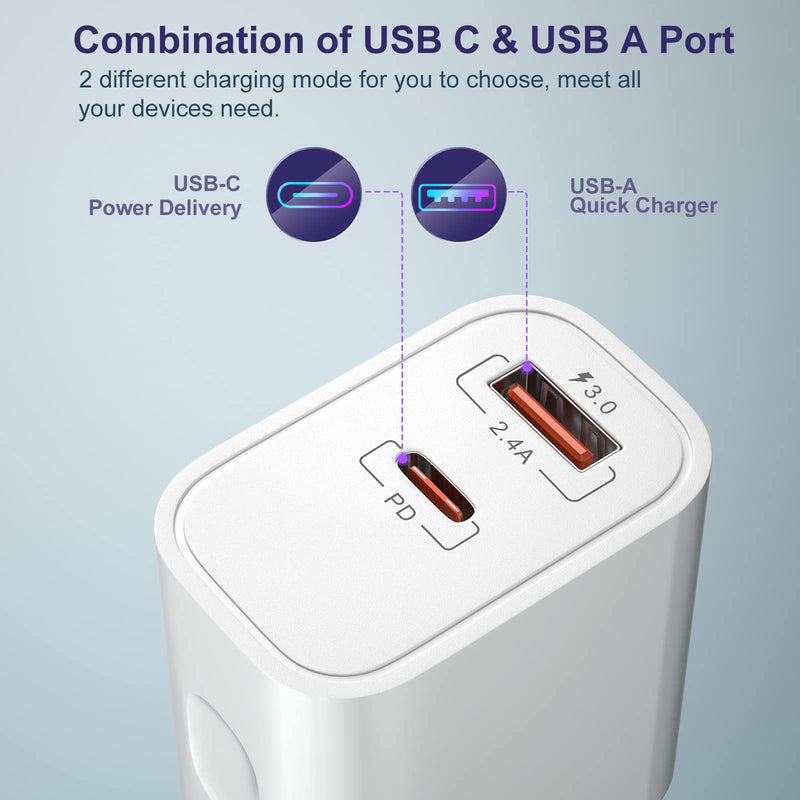 [Australia - AusPower] - 20W USB C Wall Charger, Costyle 4 Pack Dual USB C Fast Charger Block + Quick Charger 3.0 Power Adapter Compatible iPhone 13 Pro/13 Pro Max; iPhone 12/11 Pro Max/SE/XR/XS/Pad Pro/8/7 Plus, Samsung S21 White 